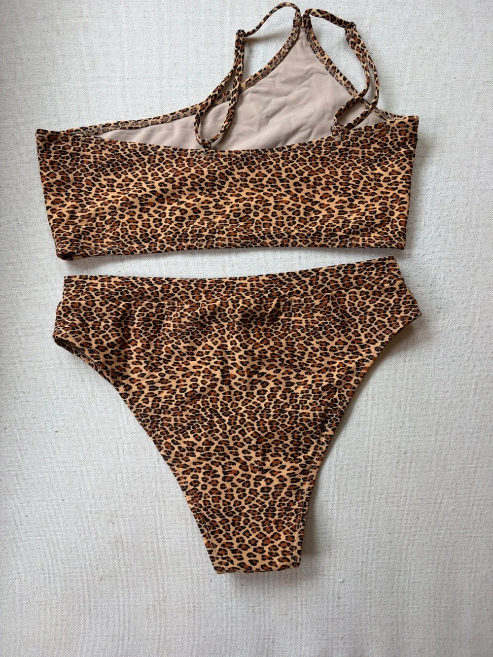 XOXO Leopard Print One-Shoulder Bikini Set in Brown/Tan